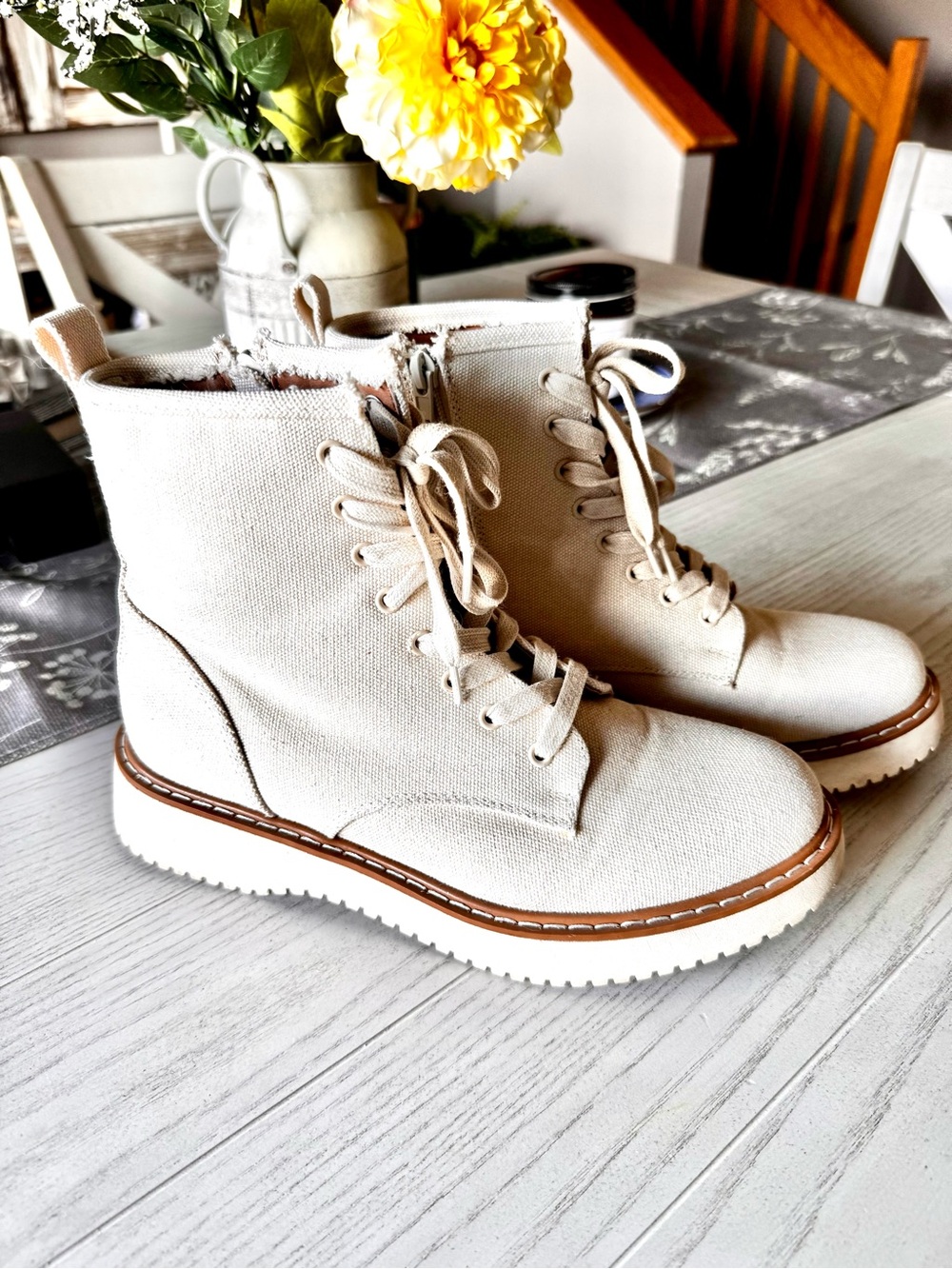 Madden Girl Canvas Lace-Up Ankle Boots in Cream